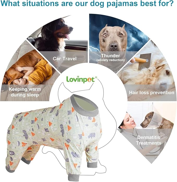 LovinPet Large Dog Clothes for Labrador - Anxiety Calming Dog Pajamas, Lightweight Stretchy Fabric, Sage Animal Print, Pet Pajamas for Dogs,4 Legged Style Pullover Dog Onesies, Silver Grey, 3XL