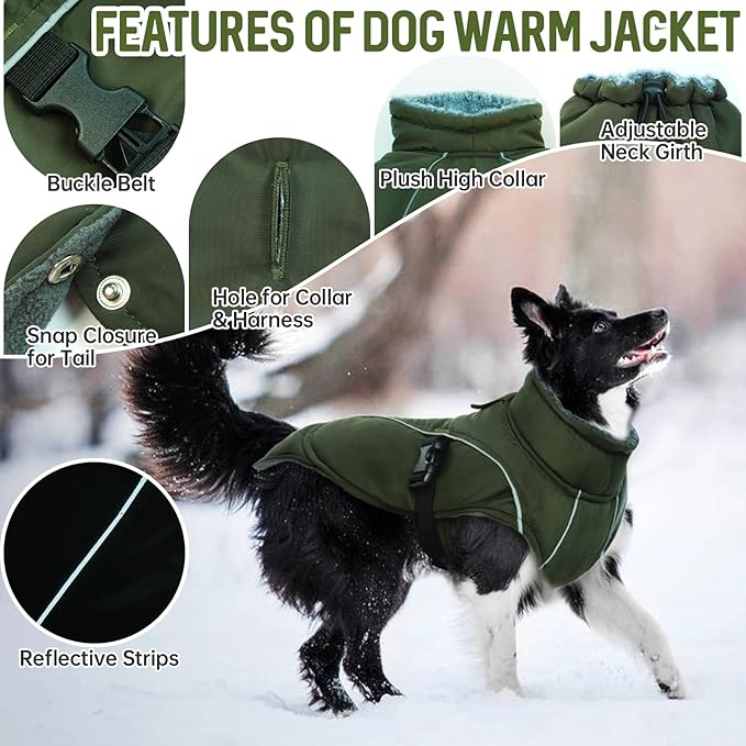 DENTRUN Winter Warm Dog Coat Reflective Jacket with Turtleneck for Cold Weather, Adjustable Buckle Windproof Water Repellent, Thick Snowsuit Fleece Vest for Small, Medium, Large Dogs, Green, M