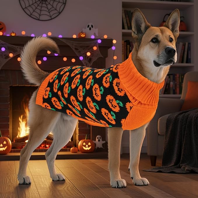 KYEESE Halloween Dog Sweater with Leash Hole Cute Pumpkin Turtleneck Pet Knitwear Extra Warm and Comfortable Orange Festival Pet Clothes for Medium Sized Dog Cozy Halloween Puppy Sweater, XX-Large