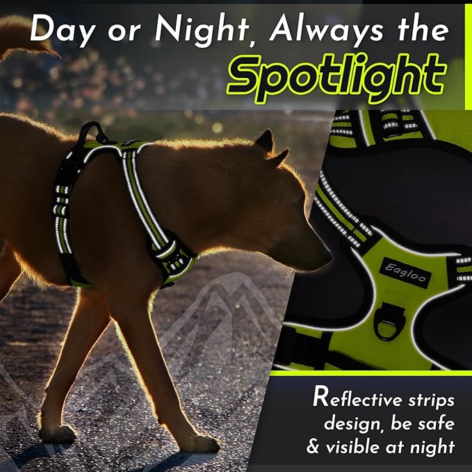 Eagloo Dog Harness for Large Dogs, No Pull Service Vest with Reflective Strips and Control Handle, Adjustable and Comfortable for Walking, No Choke Pet Harness with 2 Metal Rings, Green, XL