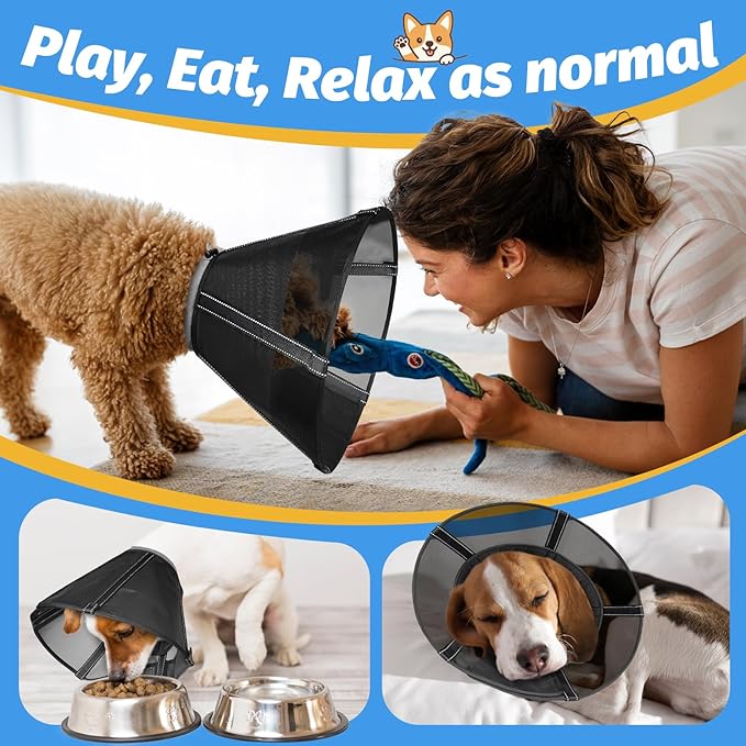 Dog Cone Collar to Stop Licking: Soft Mesh Recovery Collar After Surgery with Detachable Pad, Elizabeth Cone Alternative for Large Medium, Small Dogs, Normal Eating and Drinking (M, Black Mesh)