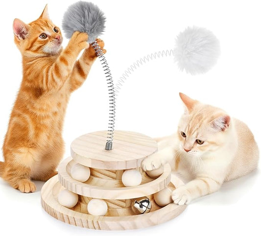 SMICEM Cat Toy Track Ball with Bell Teaser Wand - Double-Layer Tower Roller, Interactive Wooden Cat Toy for Mental & Physical Exercise, Double Fun for Kittens & Cats