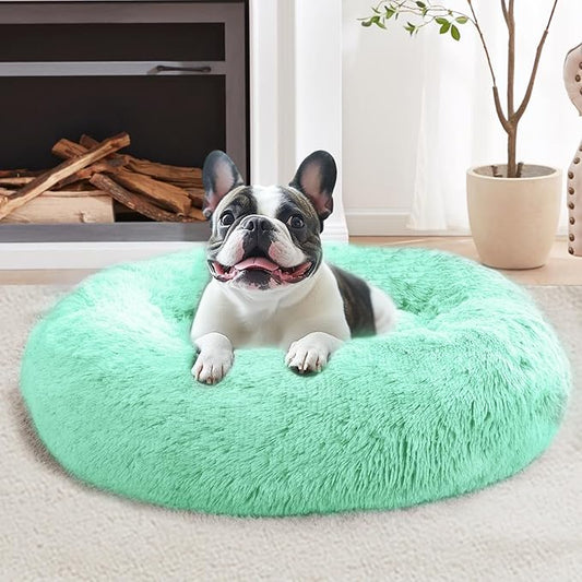 JOLLYVOGUE Small Dog & Cat Beds for Indoor Cats, Donut Cuddler Warming Soft Dog Beds with Anti-Slip Bottom, Round Calming Fluffy Plush Faux Fur Cushion Bed for Large Dogs (36", Mint Green)