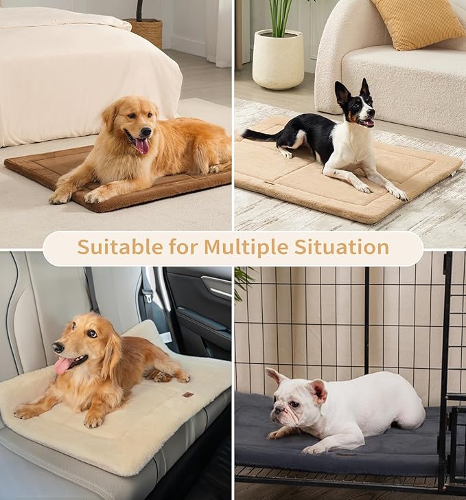 MADE 4 PETS Dog Crate Pad Bed for Medium Large Dogs, Washable & Reversible, Anti-Slip Kennel Mat for Cozy Sleeping, Soft Fluffy Dog Bed for Indoor & Outdoor Use, 35"x23", Khaki