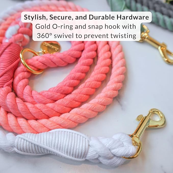 DJANGO Cotton Rope Dog Leash 5ft – Handcrafted Dog Leash and Pink Ombre Braided Leash for Small, Medium, and Large Dogs – Stylish and Durable 5 Foot Training Lead with Silver Hardware – Quartz Pink