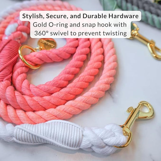 DJANGO Cotton Rope Dog Leash 5ft – Handcrafted Dog Leash and Pink Ombre Braided Leash for Small, Medium, and Large Dogs – Stylish and Durable 5 Foot Training Lead with Silver Hardware – Quartz Pink