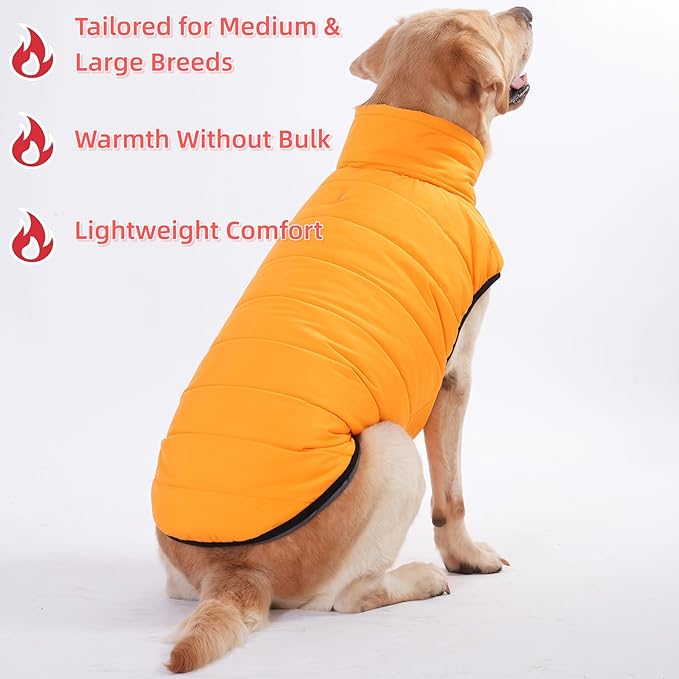 LovinPet Reversible Dog Puffer Coat for Medium & Large Dogs, Down‑Insulated Winter Jacket, Water‑Resistant & Wind‑Resistant, Anti‑Static, Dual-Sided Orange & Grey for Cold Weather,2XL