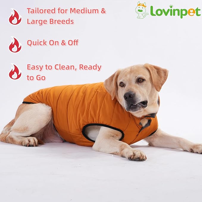 LovinPet Reversible Dog Puffer Coat for Medium & Large Dogs, Down‑Insulated Winter Jacket, Water‑Resistant & Wind‑Resistant, Anti‑Static, Dual-Sided Khaki & Grey for Cold Weather,L