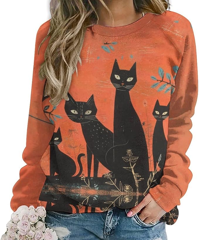 Womens novelty funny cat printed crewneck sweatshirt casual loose long sleeve graphic pullover sweatshirts tops