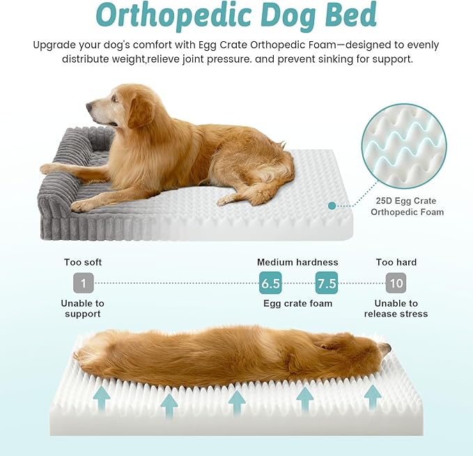 Cute Dog Bed for Extra Large Dogs, Faux Fur Orthopedic Foam Dog Bed with Sides, Removable Washable Cover & Waterproof Lining, Comfortable Pet Couch, Grey (48" L x 35" W x 7.5" Th)
