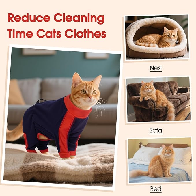 DENTRUN Cat Clothes with Anti-Shedding Fabric - Soft Recovery Suit & Breathable Lint-Resistant Cat Sweater for Wound Care & Hair Control, Kitten Onesie Pajamas, M, Dark Blue