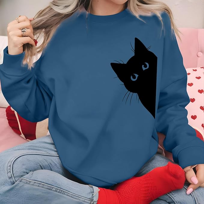 Cat Sweatshirts for Women Graphic Print Sweatshirt Funny Long Sleeve Shirt Cute Pullover Lightweight Hoodie Tops