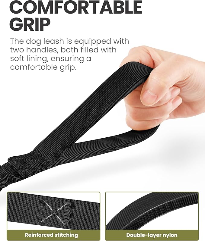 OutdoorMaster Bungee Dog Leash with Shock Absorption, 2 Padded Handles Training Leash, Improved Dog Safety and Comfort - Black Upgraded, 4 FT