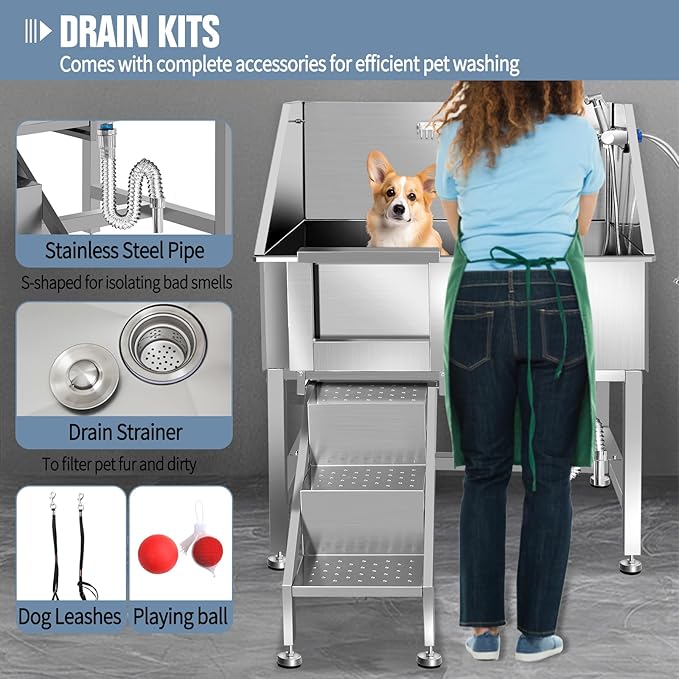 38" Dog Washing Station, Professional Stainless Steel Dog Bathing Station, Equipped with Anti-Slip Ramp, Removable Door, Upgraded Spray Nozzle&Hose - Ideal for Home, Pet Grooming Salon,L-RAMP