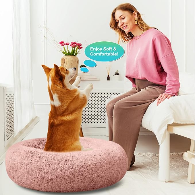 SAVFOX Plush Calming Dog & Cat Bed - Donut Shaped, Multiple Sizes S-XXL, Comfortable Cuddler in Washable Faux Fur