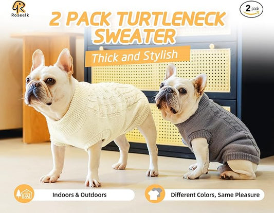 2 Pack Dog Sweaters for Small Dogs - Puppy Medium/Large Warm Clothes in Winter, Turtleneck Pullover Design for Boy Girl Pet, Doggie, Cat, Kitten Chihuahua Bulldog Pug Beagles (L, Grey, Beige)