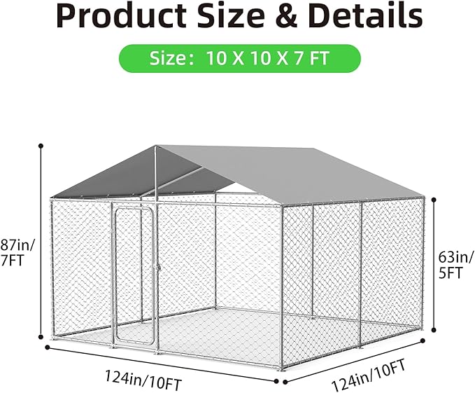 10x10 FT Outdoor Dog Kennel Outside Heavy Duty Dog Enclosure with Waterproof Cover and Security Lock(124x124x87Inch)