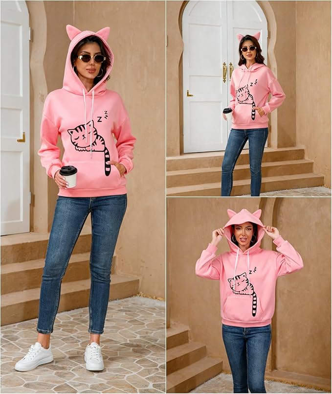 Women Girl Hoodies Cute Cat Ear Novelty Printed Pullover Sweatshirt