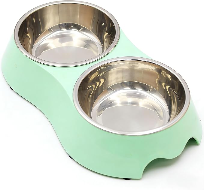 Large Green Double Pet Bowl – Non-Slip Stainless Steel Food & Water Set for Medium/Large Dogs & Multiple Cats, BPA-Free Mess-Free Feeding Dishes