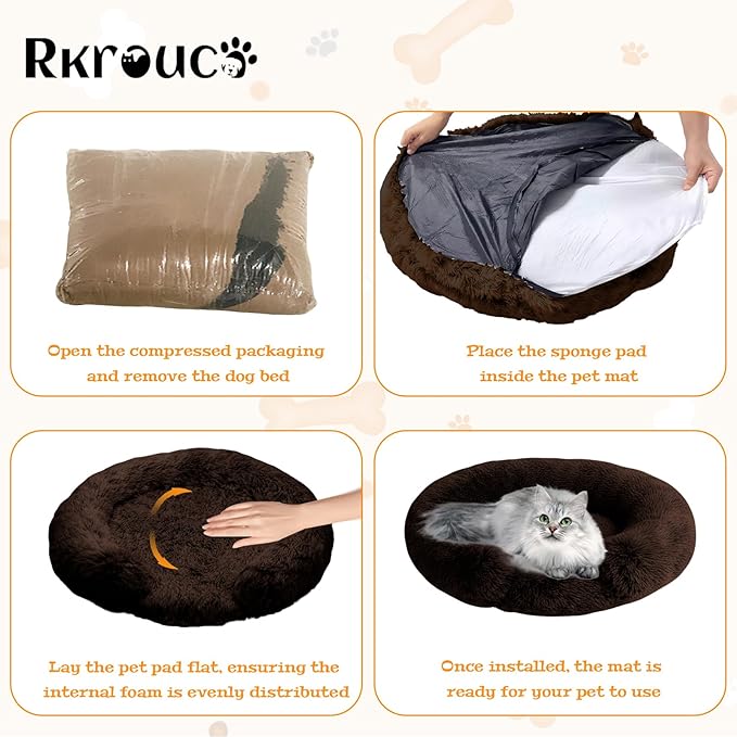 Fluffy Dog Bed Calming Donut Beds for Large Dogs Warming Round Small Medium Pet Nest Cozy Cat Mattress Indoor Washable Puppy Kennel Kittens Sleep Mat (M, 27.5×27.5 inch, Brown)