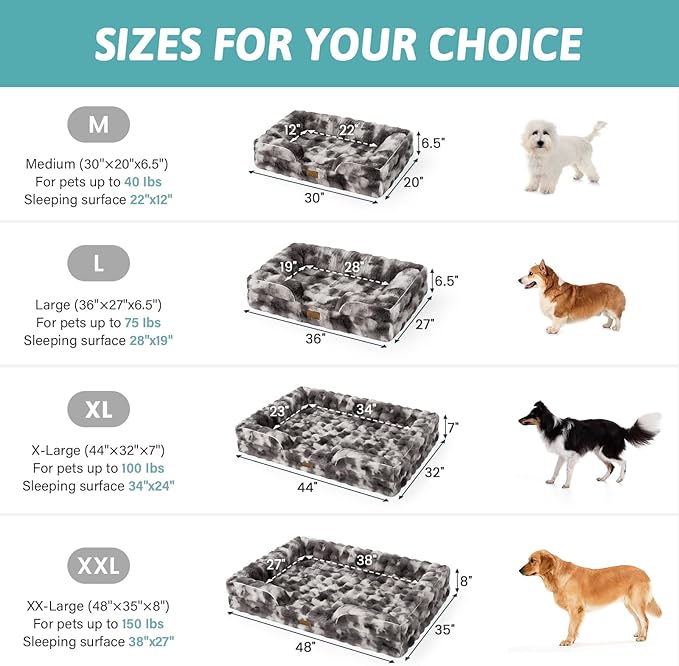 Orthopedic Dog Bed for Extra Large Dog, Faux Fur Giant Pet Sofa, Big Foam Bolster Couch with Waterproof Lining Cover, Soft, Warm, Washable, C-Shaped, XXL 48x35x8 inch, Tie-dye Grey