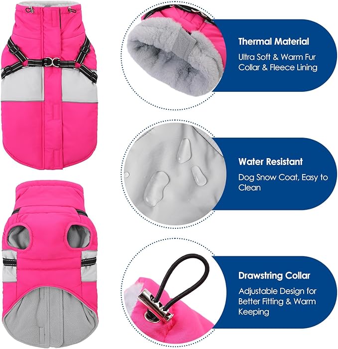 KOESON Dog Coat, Warm Dog Winter Jacket with Harness, Waterproof Pet Cold Weather Coats with Fleece Lining, Reflective & Windproof Snowsuit Sweater for Schnauzer, Yorkshire, Dachshund, Hot Pink S