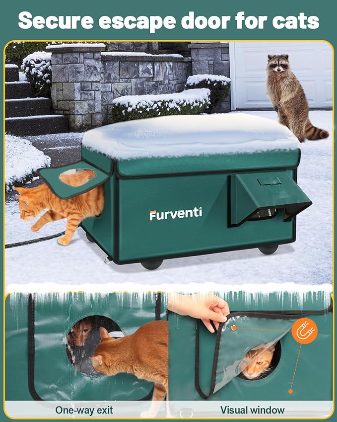 Heated Cat House for Outside with Dual Doors, Insulated Cat House Outdoor with Heating Pad, Weatherproof Heated Outdoor Cats Houses Waterrproof for Feral Cats (Deep Green, 17" L x 12" W x 13" H)