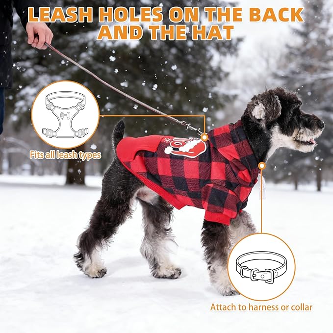 KOOLTAIL Christmas Dog Hoodie, Red Plaid Pet Sweater, Hat Hooded Sweatshirt Dog Clothes for Small Medium Large Dogs Boys Girls, Soft Warm Winter Cold Weather Coat with Leash Hole&Pocket, Santa, L