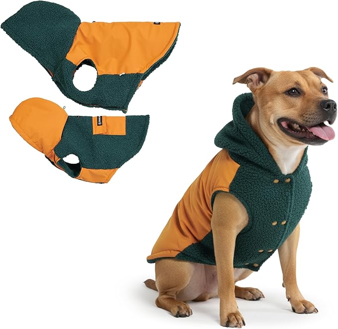 Spark Paws Reversible Fleece Dog Jacket, Hooded Sweater Vest, Warm Coat for Winter - Suitable for Small Medium Large XL XXL Dogs - Orange and Green - 2XL
