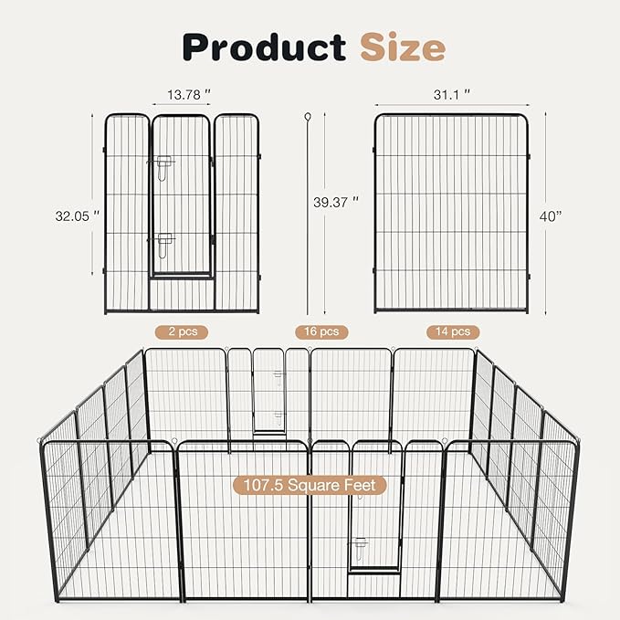 SMUG Heavy-Duty Iron Dog Playpen – 16 Panels 40” Durable, Rust-Resistant Pet Fence for Indoor & Outdoor Use, Secure & Spacious Pet Play Area for Dogs, Puppies & Small Animals