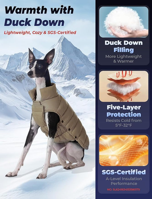 SPACE LION Dog Puffer Jacket, Down Winter Coat, Durable Outdoor Coat for Cold and Windy Conditions, Lightweight & Adjustable Fit Coats for Large Dogs, (Khaki, Size24/2XL)