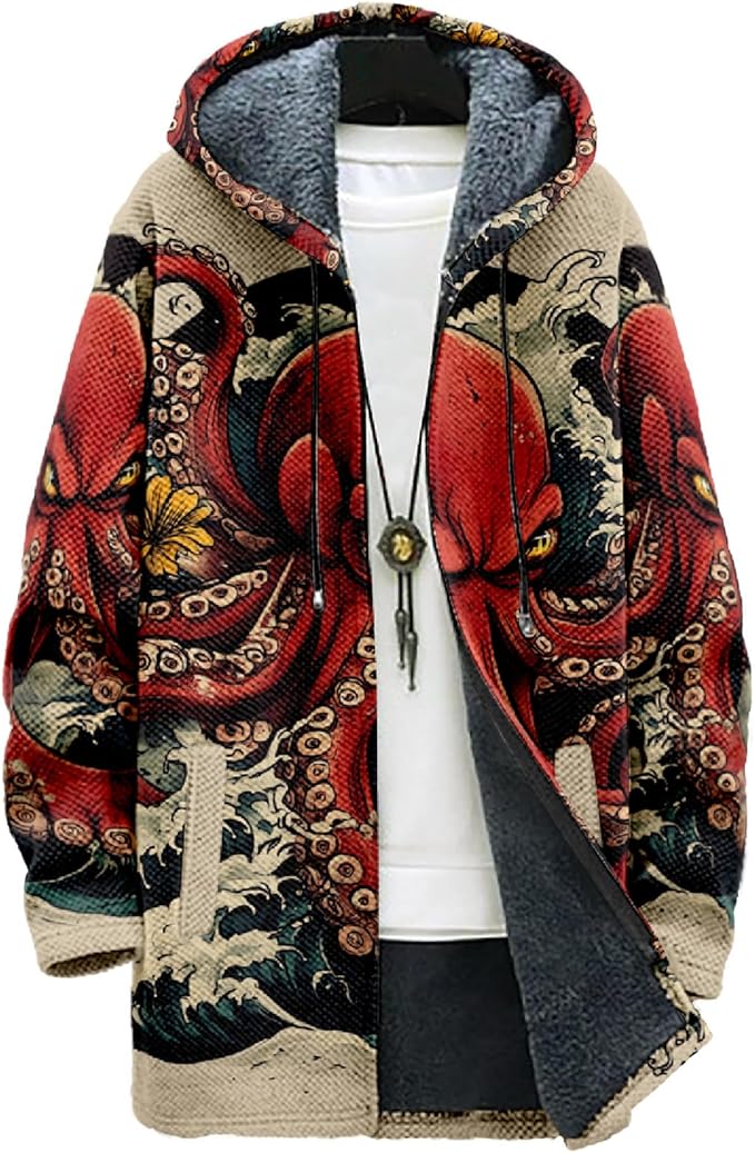 MARSVOVO Cool Hippie Long Cardigan Hoodies for Men Zipper Fleece Lined Knit Coat Skull Animal Print Graphic Jackets