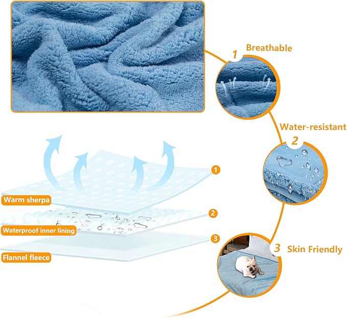 Waterproof Pet Blanket for Dogs Jacquard Fleece Blankets for Bed Cover Reversible Blue Fluffy Puppy Blankets Leakproof Sofa Couch Washable Cover Cat Doggie Blanket for Warm-Lake Blue,L