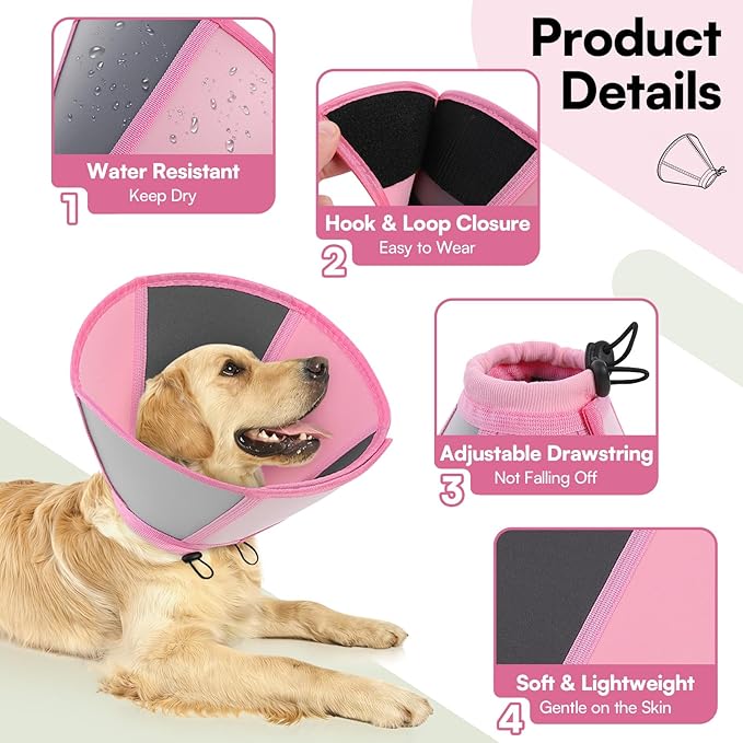 Queenmore Dog Cones for Medium Dogs, Soft Dog Cone, Cone for Dogs After Surgery, Adjustable Recovery Collar for Wound Healing, Comfortable Pet E-Collar to Stop Licking (Light Pink,M)