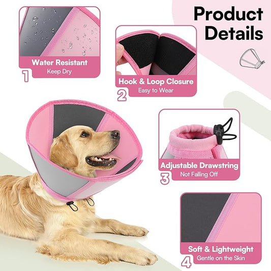 Queenmore Dog Cones for Medium Dogs, Soft Dog Cone, Cone for Dogs After Surgery, Adjustable Recovery Collar for Wound Healing, Comfortable Pet E-Collar to Stop Licking (Light Pink,M)