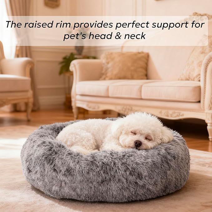 Calming Dog Bed for Small Dogs, Anti-Anxiety Donut Small Puppy Bed Washable, Fluffy Plush Faux Fur Large Cat Bed, Fits up to 20 lbs Pets (Dark Grey, 23")