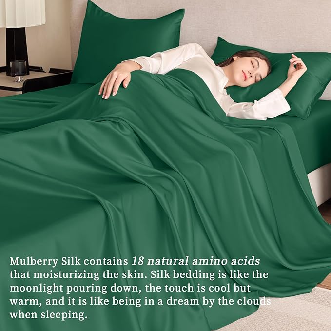 THXSILK Silk Sheet Set 5Pcs, 6A+ Top Grade 100% Pure Mulberry Silk Bed Sheets, Ultra Soft Durable Luxury Bedding Sets, 2 Fitted Sheet, 1 Flat Sheet and 2 Pillowcases (Split King, Emerald Green)