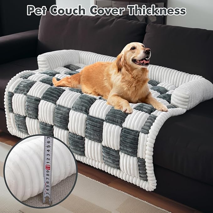 LiveGo Fuzzy Pet Couch Covers for Sofa, Dog Couch Cover Fuzzy Sofa Cover Cream Square Plaid Dog Bed Plush Dog Mat for Furniture Protector for Large Medium Dogs and Cats (Blue Gray, 35.4"*35.4")