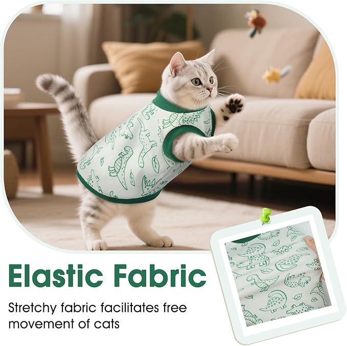 DENTRUN Sleeveless Cat Vest with Dinosaur Print, Breathable Ultra-Soft Dralon Fleece Cat Sweater, All-Season Pet Costume Apparel for Cats, Kitten Clothing for Indoor/Outdoor, Green, XS