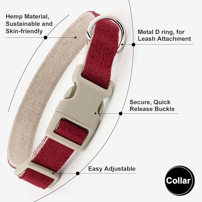 Plutus Pet Cotton Hemp Dog Collar and Leash Set, Adjustable Collar for Small, Medium, and Large Dogs, Heavy Duty and Soft on Skin, Red, L