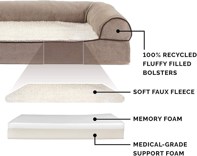 Furhaven Memory Foam Dog Bed for Large Dogs w/ Removable Bolsters & Washable Cover, For Dogs Up to 95 lbs - Sherpa & Chenille Sofa - Cream, Jumbo/XL