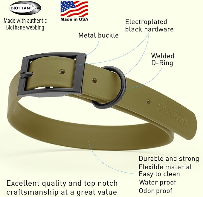 Dogline Biothane Coated Webbing Dog Collar with Black Metal Hardware: Durable Easy-Clean Everyday Collar for Dogs - Comfortable Adjustable Odor-Resistant Pet Collar, W1 x L22-25", Olive Drab Green
