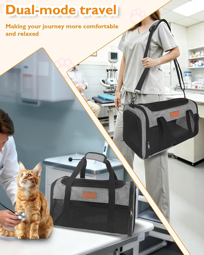 PETUX TSA Approved Pet Carrier in Cabin - 17"x11"x9.5", Underseat, Soft Sided Cat Carriers with Safety Zippers and Anti-Scratch Mesh for Small Cat up to 12 lb, Ideal for Travel and Vet Visit, Grey