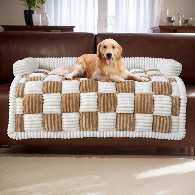 LiveGo Fuzzy Pet Couch Covers for Sofa, Dog Couch Cover Fuzzy Sofa Cover Cream Square Plaid Dog Bed Plush Dog Mat for Furniture Protector for Large Medium Dogs and Cats (Light Brown, 29.5"*29.5")