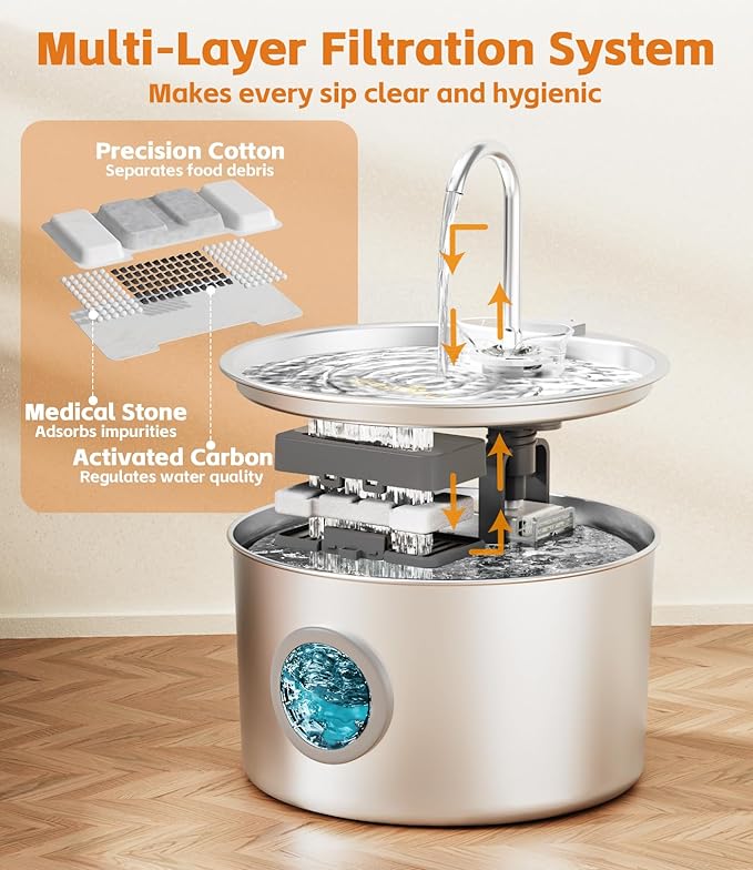 UPAWPIA 3.2L Cat Water Fountain Stainless Steel with 20 Filters Automatic Pet Water Fountain for Cats/Dogs Indoor Ultra Quiet Metal Cat Fountains for Drinking Kitty Watering Supplies for Animals