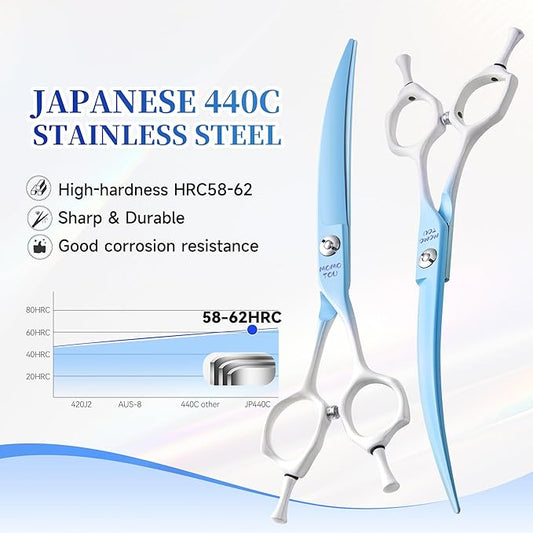Curved Dog Grooming Scissors Blue to White Gradient 440C Stainless Steel Pet Grooming Shears Sharp Durable Dog Shears for Professional or Home Use Ergonomic Handle with 2 Silicone Finger Rings