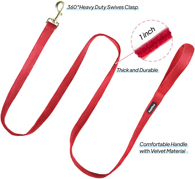 PetiFine Dog Collar and Leash Set - Adjustable Red Super Soft Velvet With Metal Buckle for Small Medium Large Dogs