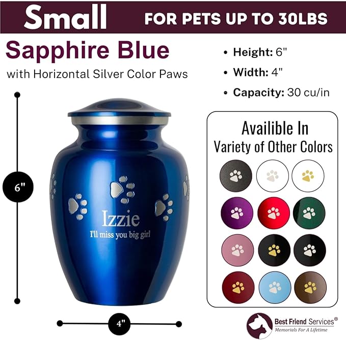 Pet Urn for Dogs and Cats with Personalized Laser Engraving, Ottillie Paws Premier Series Memorial Urns (Small Sapphire Blue with Horizontal Pewter Paws)