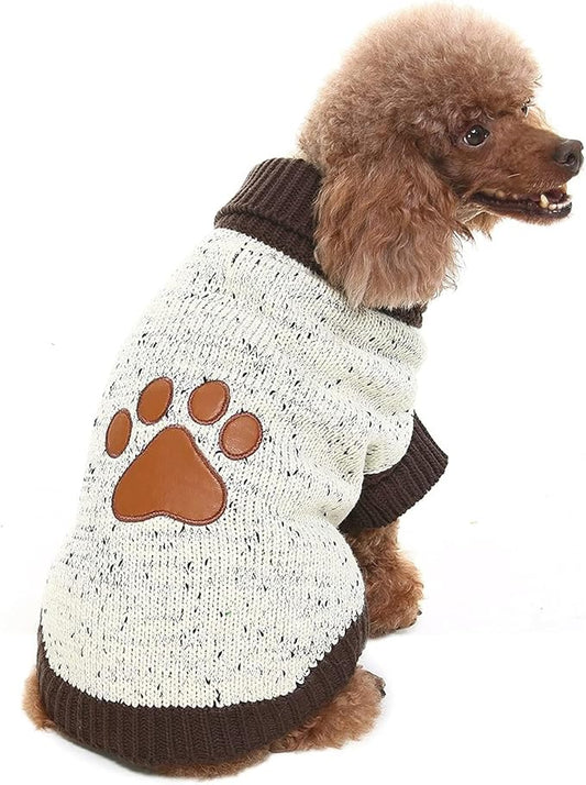 BINGPET Turtle Neck Dog Sweater - Brown Bone Pattern - Puppy Winter Warm Cloth for Small Medium Large Dogs