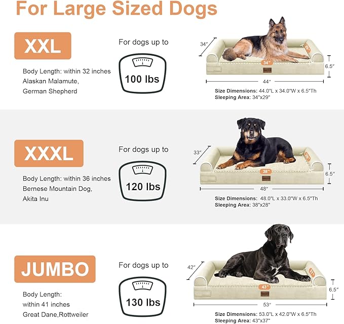 Large Dog Bed Orthopedic Washable: Beds Bolster XXL Bed Big XLarge Dogs Egg Crate Foam Sofa Couch Waterproof Removable Cover - Beige